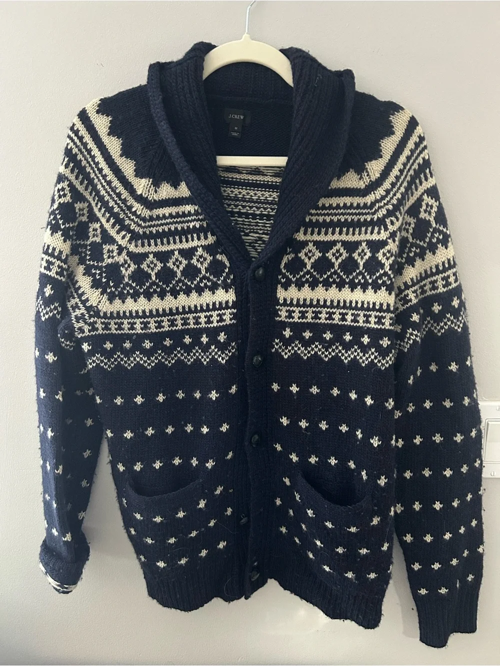 J. Crew Navy and Cream Fair Isle Shawl-Collar Cardigan